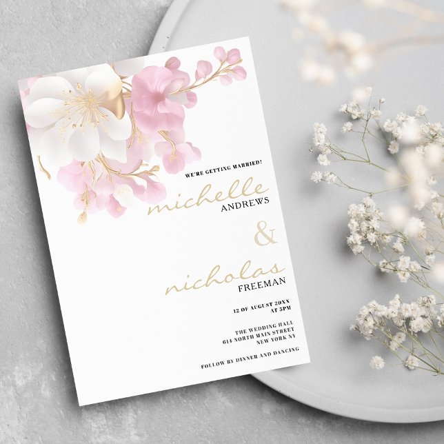 Convites Casamento floral branco de ouro elegante, cor-de-r (Elegant white gold pink glitter floral wedding)