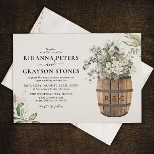 Convites Casamento Floral Branco Dourado Barril Rústico