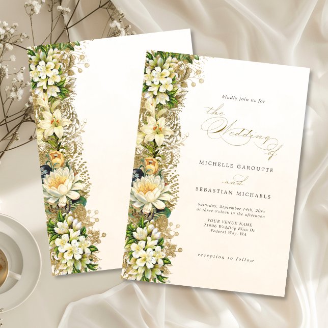 Convites Casamento Floral Branco Dourado Elegante (Elegant Gold White Floral Wedding Invitation)