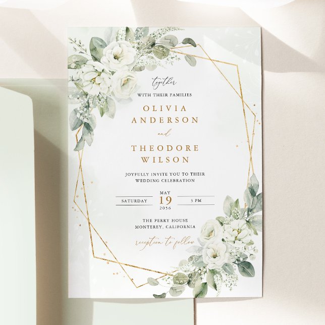 Convites Casamento Floral Branco Dourado Verde Salvia (Sage Green Gold White Floral Wedding Invitation, Eucalyptus Geometric Wedding Stationery)