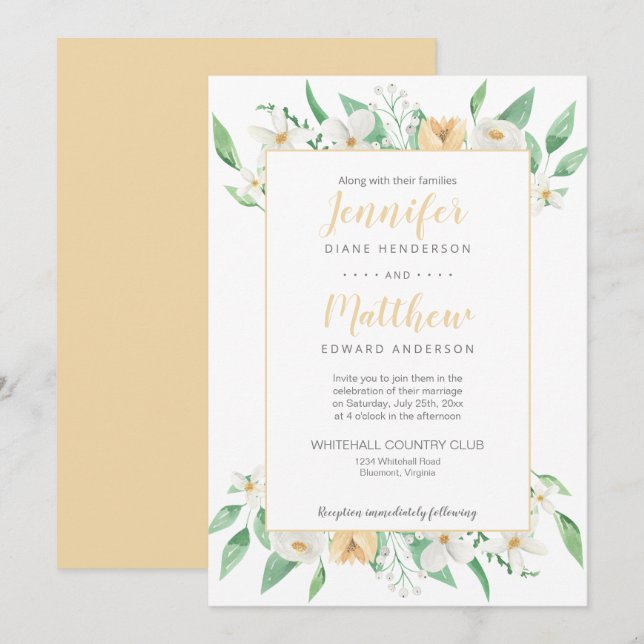 Convites Casamento Floral Branco e Amarelo em Moldura (Frente/Verso)