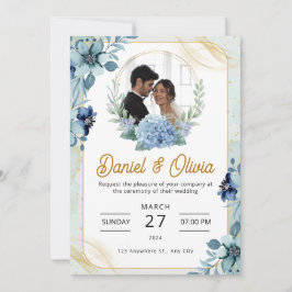 Convites Casamento Floral Branco e Azul com Marca Personali