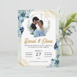 Convites Casamento Floral Branco e Azul com Marca Personali