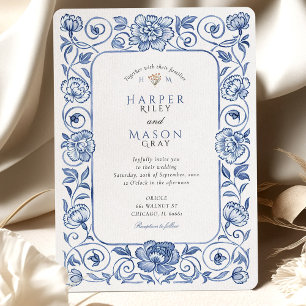 Convites Casamento Floral Branco e Azul de Chinoiserie