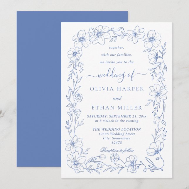 Convites Casamento Floral Branco e Azul Elegante (Frente/Verso)