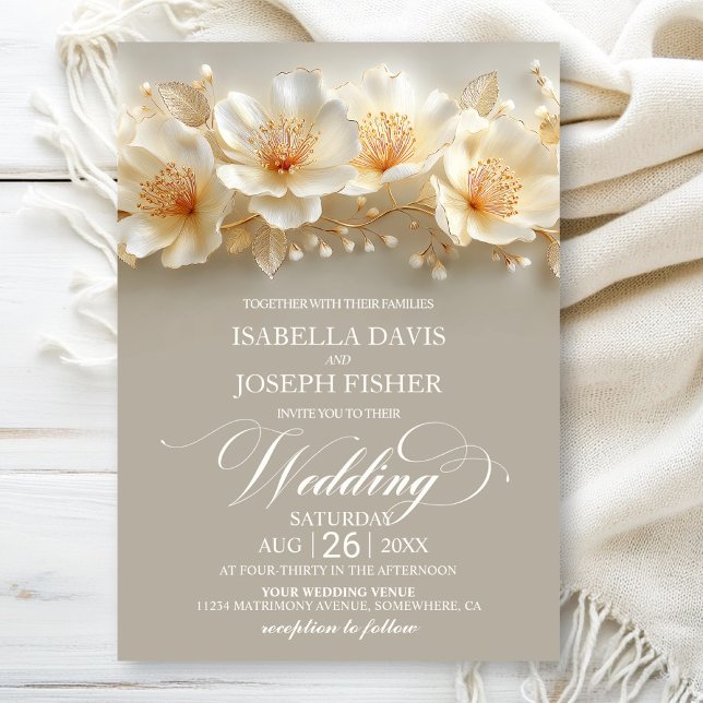 Convites Casamento Floral Branco e Dourado (Criador carregado)
