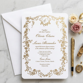 Convites Casamento Floral Branco e Dourado Elegante Real