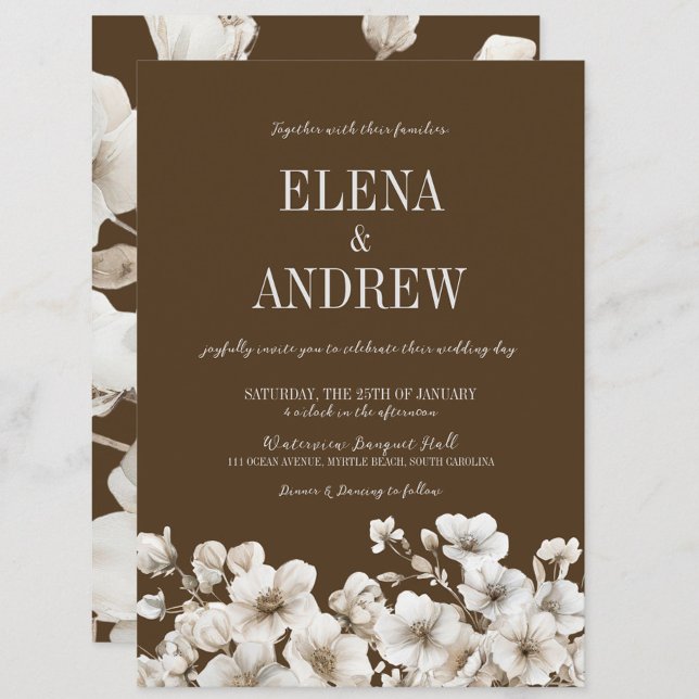 Convites Casamento Floral Branco e Marrom Elegante (Elegant Brown & White Floral Wedding Invitation, Winter Wedding, Fall Autumn, Love in Bloom)