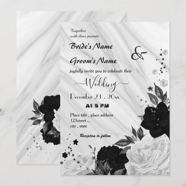 Convites casamento floral branco e negro (Frente/Verso)