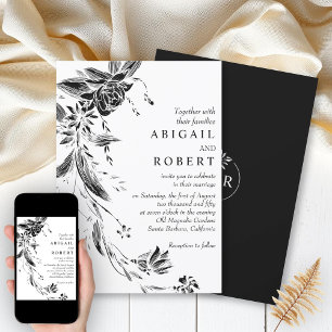 Convites Casamento floral branco e negro elegante