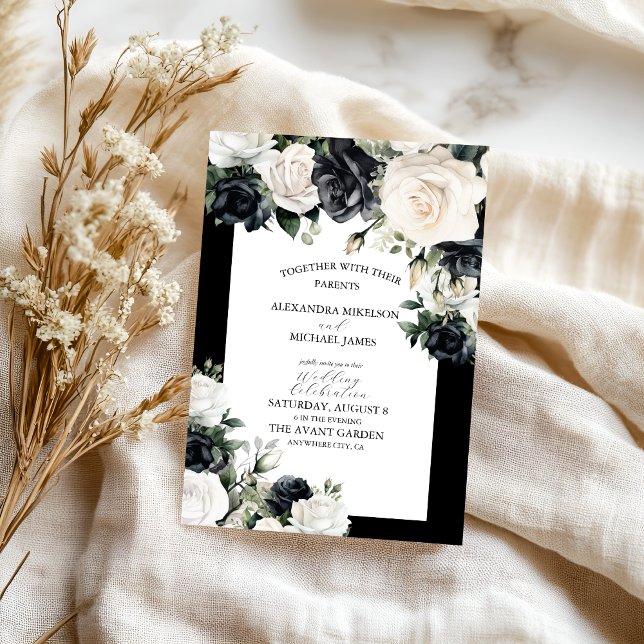 Convites Casamento Floral Branco e Negro Moderno (Criador carregado)