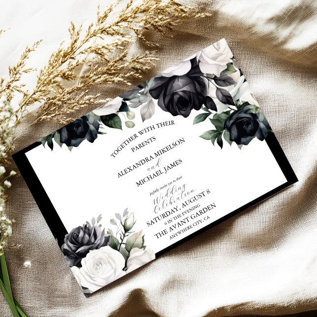 Convites Casamento Floral Branco e Preto Elegante (Criador carregado)