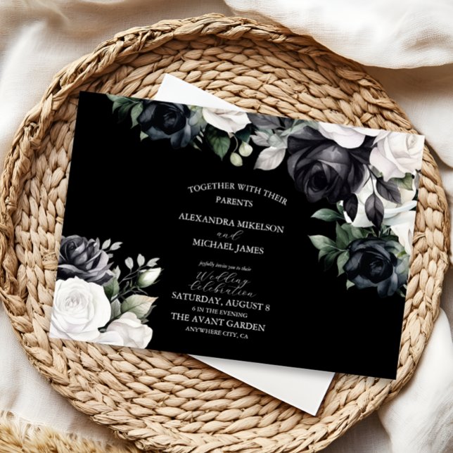 Convites Casamento Floral Branco e Preto Elegante (Criador carregado)
