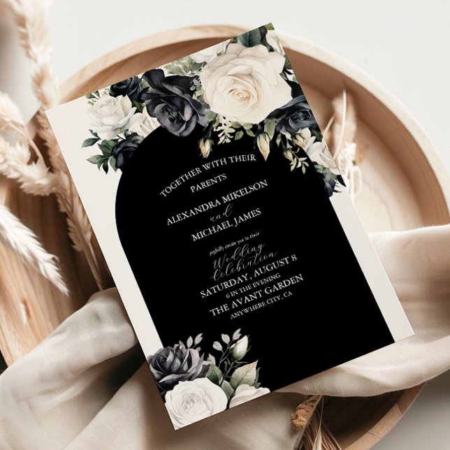 Convites Casamento Floral Branco e Preto Elegante (Criador carregado)