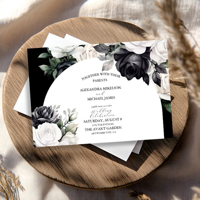 Convites Casamento Floral Branco e Preto Elegante (Criador carregado)