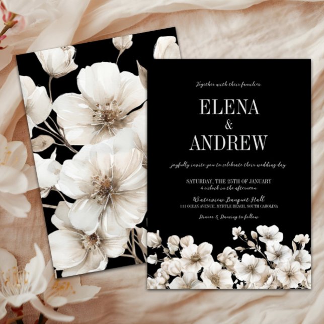 Convites Casamento Floral Branco e Preto Elegante (Elegant Black & White Floral Wedding Invitation, Winter Wedding, Fall Autumn Flowers, Love in Bloom)