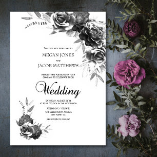 Convites Casamento Floral Branco e Preto Elegante