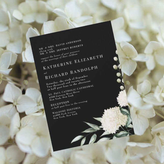 Convites Casamento Floral Branco e Preto Formal Elegante (Criador carregado)