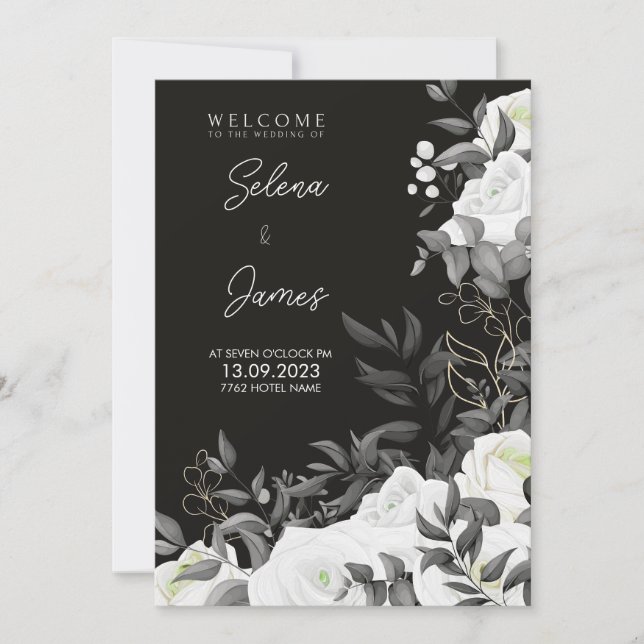 Convites casamento floral branco e preto simples e elegante (Frente)