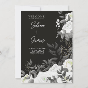 Convites casamento floral branco e preto simples e elegante