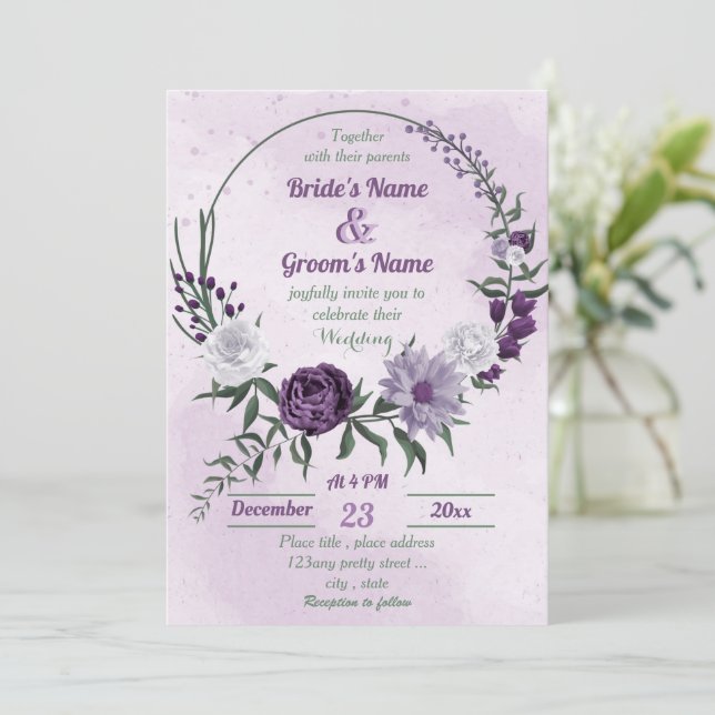 Convites casamento floral branco e roxo (Em pé/Frente)