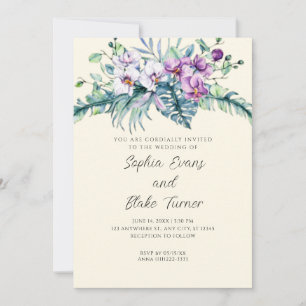 Convites Casamento Floral Branco e Roxo Elegante Amarelo