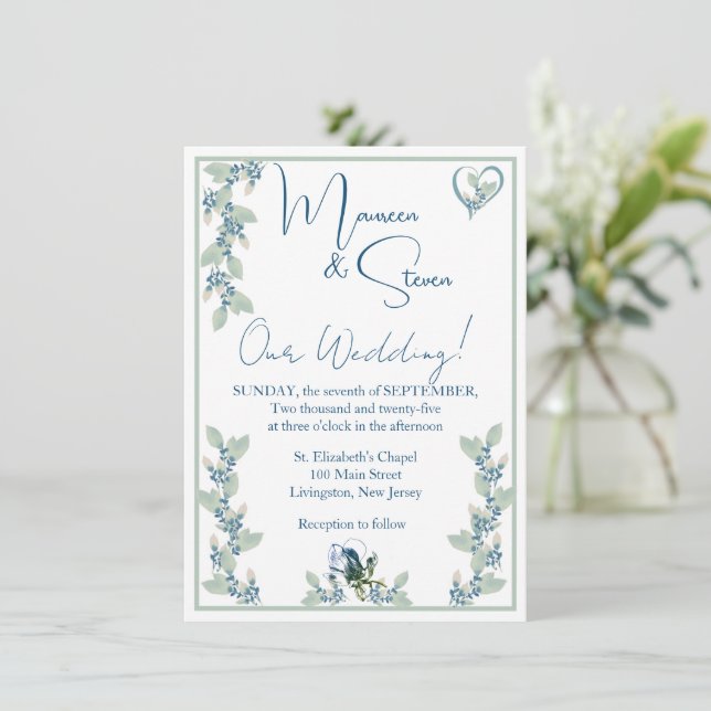Convites Casamento Floral Branco Elegante, Azul E Verde (Em pé/Frente)