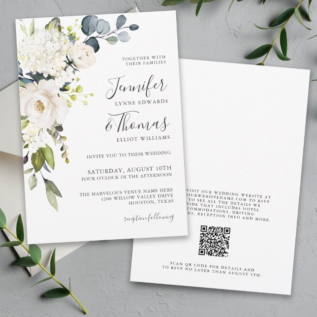 Convites Casamento Floral Branco Elegante com código QR (Criador carregado)