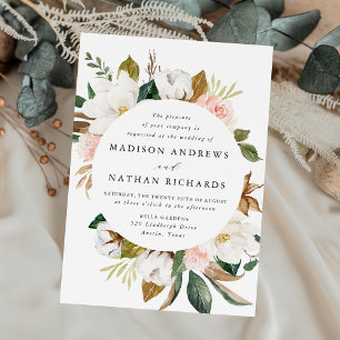 Convites Casamento Floral Branco Elegante com Magnólias e F