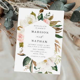 Convites Casamento Floral Branco Elegante com Magnólias e F