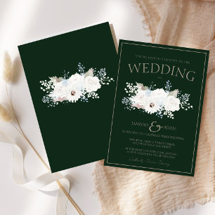 Convites Casamento Floral Branco Elegante de Inverno Verde