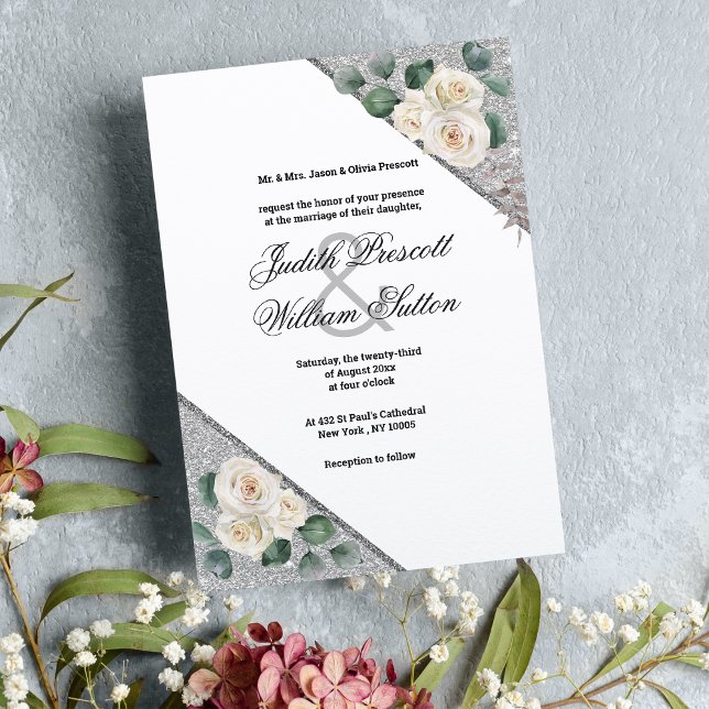 Convites Casamento floral branco Elegante de relva verde-pr (Elegant white green silver glitter floral wedding invitation )