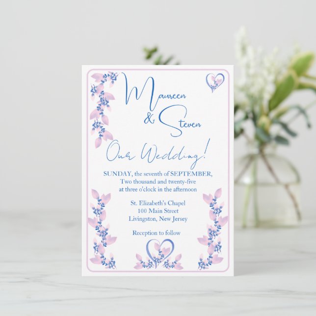 Convites Casamento Floral Branco Elegante, Rosa E Azul (Em pé/Frente)