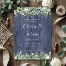 Convites Casamento Floral Branco Eucalipto Madeira Azul-Mar