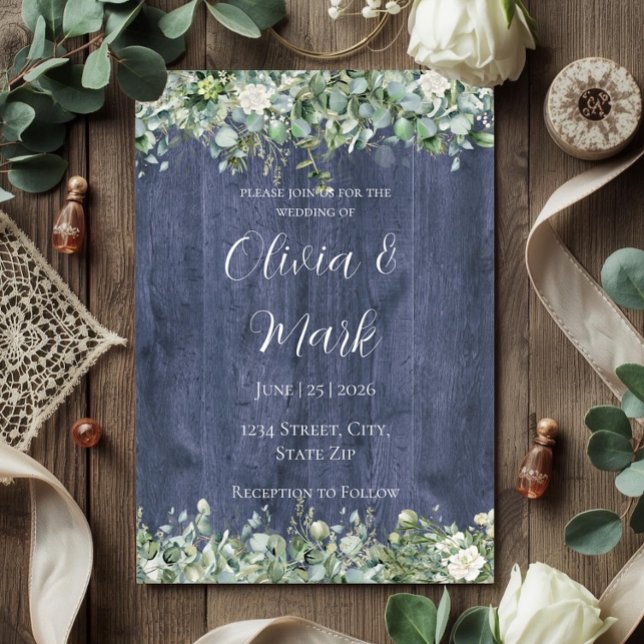 Convites Casamento Floral Branco Eucalipto Madeira Azul-Mar (Criador carregado)