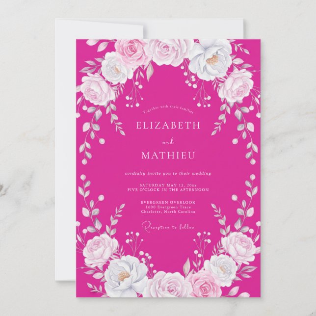Convites Casamento Floral Branco Fúcsia (Frente)