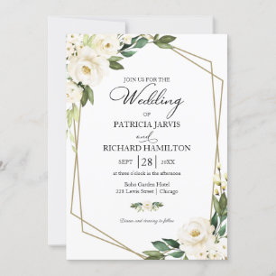 Convites Casamento Floral Branco Geométrico com Verdura
