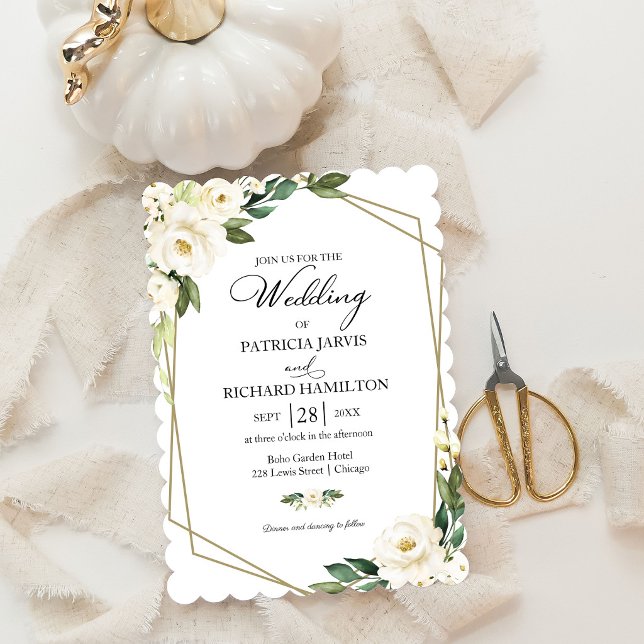 Convites Casamento Floral Branco Geométrico com Verdura (Criador carregado)