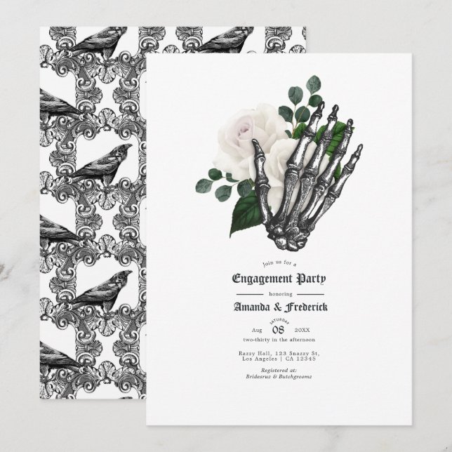 Convites Casamento Floral Branco Gótico Festa de Noivado (Frente/Verso)