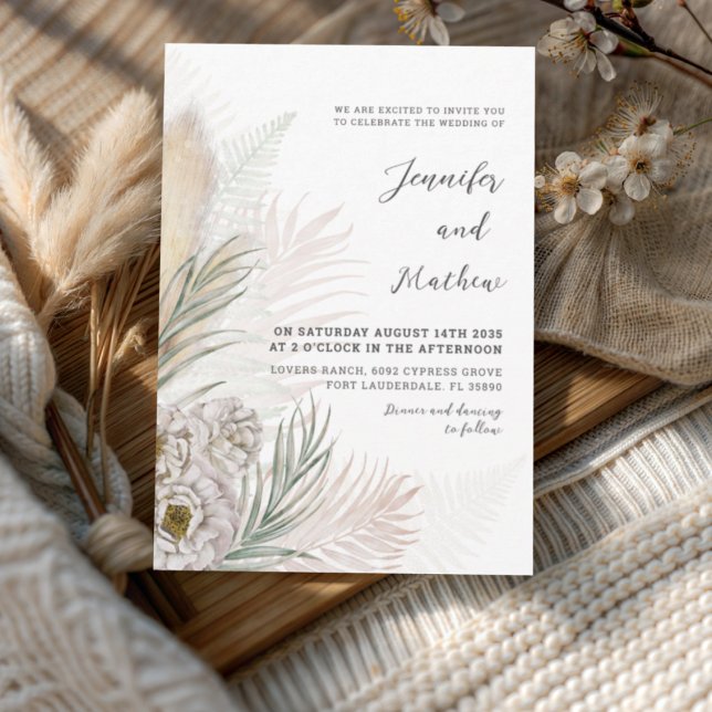 Convites Casamento Floral Branco & Grama Pampas Boho  (Criador carregado)