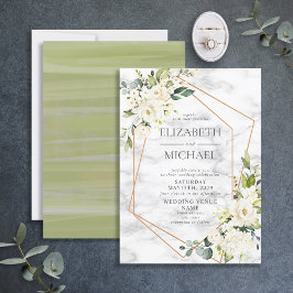 Convites Casamento Floral Branco Marble Geométrico de Cobre