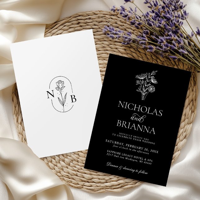 Convites Casamento Floral Branco Negro Minimalista Moderno (Criador carregado)