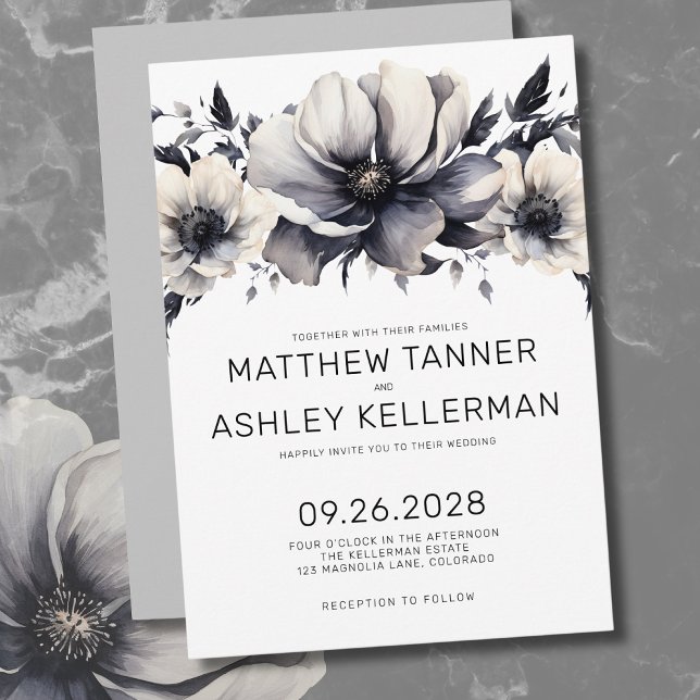 Convites Casamento Floral Branco Negro Moderno Boho (Unique Boho Black White Watercolor Floral Wedding Invitation)
