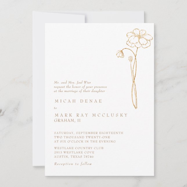 Convites Casamento Floral Branco Ouro Elegante (Frente)