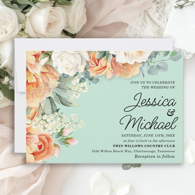 Convites Casamento Floral Branco Pêssego Menta  (Peach and white roses on mint green wedding invitation)