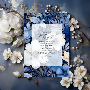 Convites Casamento Floral Branco, Prata e Azul Escuro