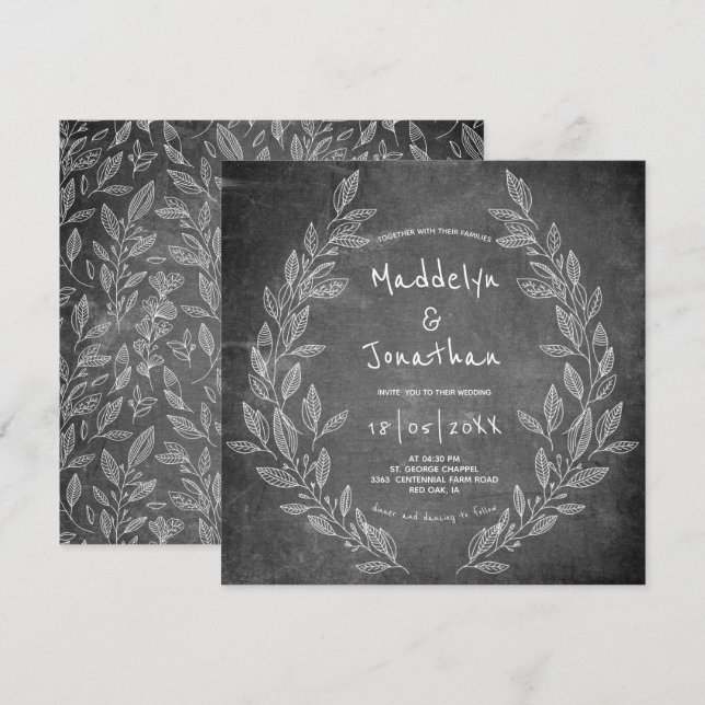 Convites Casamento Floral Branco-Preto-Russo (Frente/Verso)