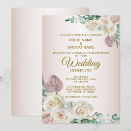 Convites Casamento Floral Branco Rosa com Aquarela Verde