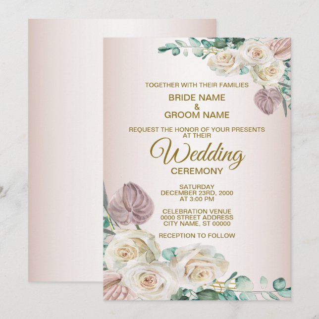 Convites Casamento Floral Branco Rosa com Aquarela Verde (Frente/Verso)