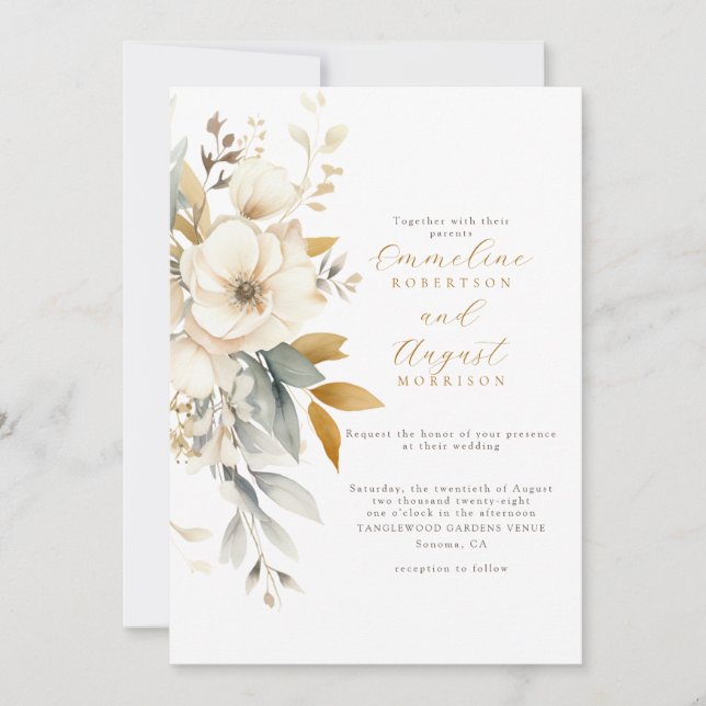 Convites Casamento Floral Branco-Rustic Watercolor Boho (Frente)